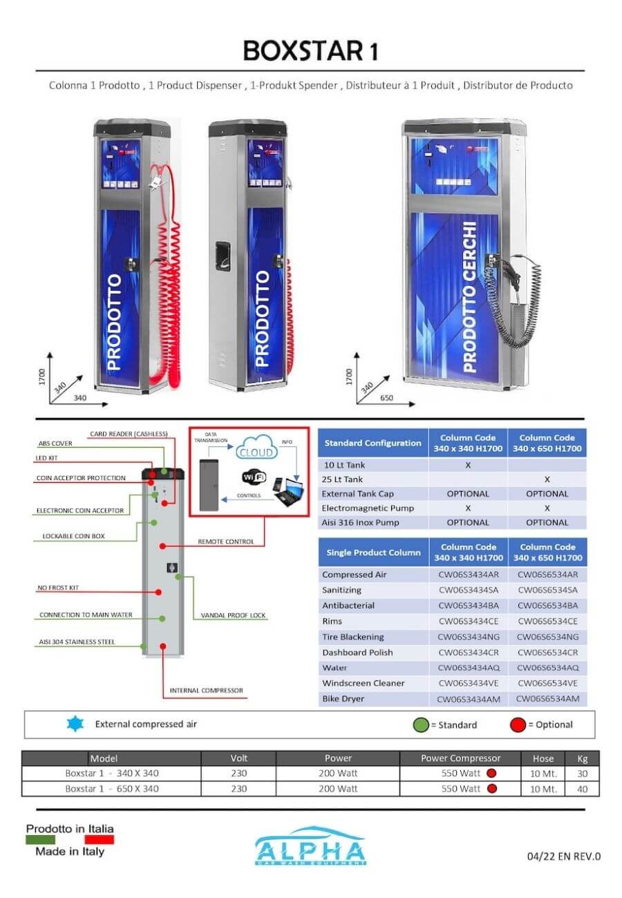 product data sheet Alpha Car Wash Equipment one product dispenser